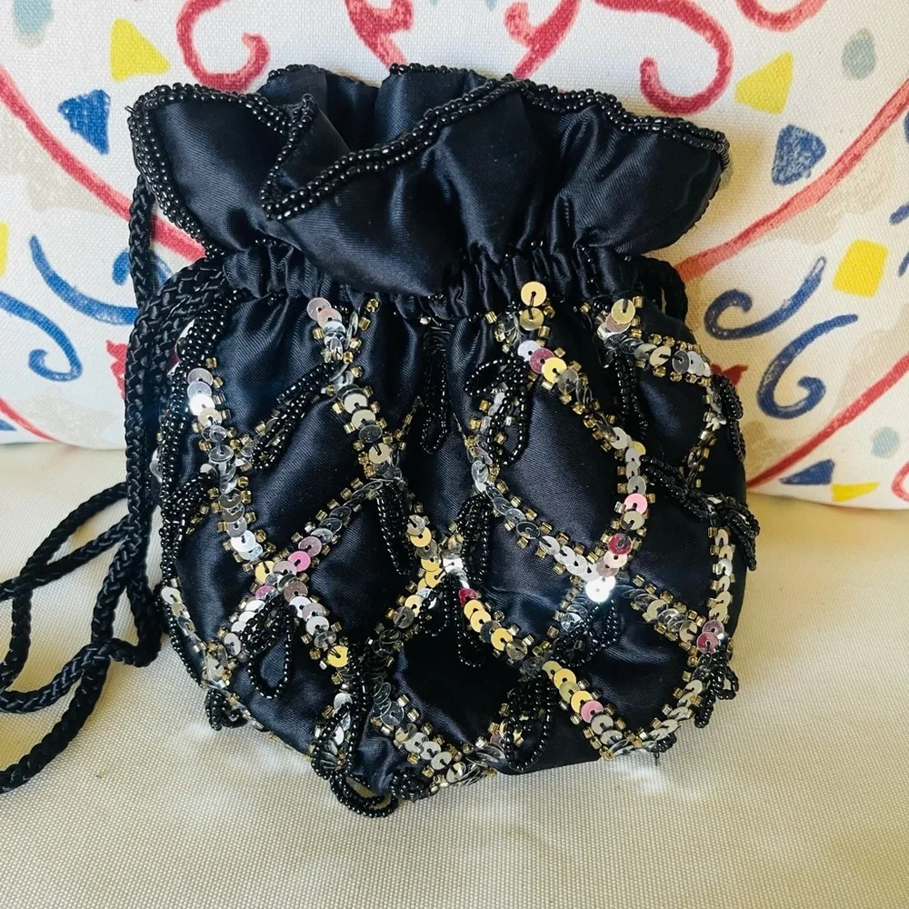 The Furst Collection Evening Sequin & Bead Crossbody Black Gold/Silver Handbag